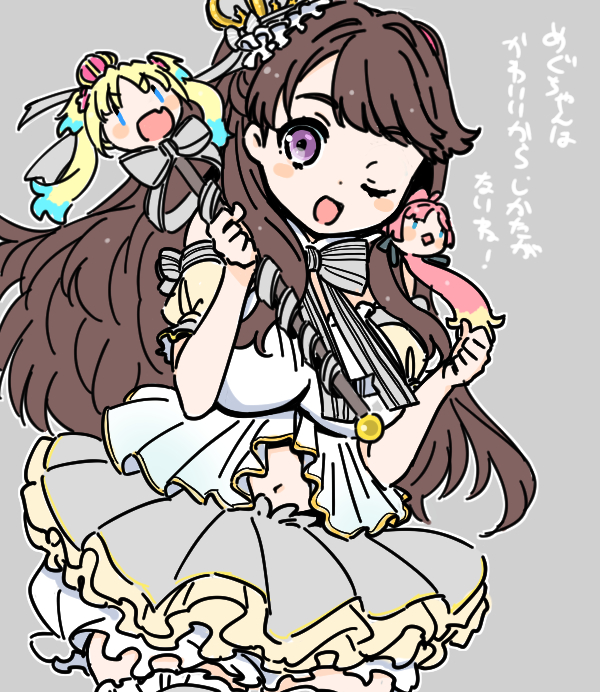 1girl :d ;) ;d anyoji_hime arched_crown black_ribbon blonde_hair blue_eyes blue_hair blush breasts brown_hair character_doll colored_tips commentary_request cowboy_shot crown diamond_mouth fang frilled_thighhighs frills fujishima_megumi grey_background grey_skirt hair_intakes hair_ribbon holding holding_wand large_breasts link!_like!_love_live! long_hair looking_at_viewer love_live! mira-cra_park! multicolored_hair navel one_eye_closed open_mouth osawa_rurino pink_crown pink_hair purple_eyes ribbon shinanoya_(satanicad) shirt simple_background skin_fang skirt smile solo thighhighs tilted_headwear translation_request twintails virtual_youtuber wand white_shirt zettai_ryouiki