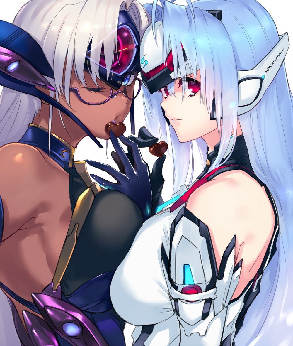 2girls android armpits bare_shoulders blue_eyes blue_hair breast_press breasts candy character_name chocolate chocolate_heart cleavage dark-skinned_female dark_skin elbow_gloves english_text expressionless food forehead_protector from_side glasses gloves heart kos-mos kos-mos_re: large_breasts long_hair looking_at_viewer looking_to_the_side multiple_girls negresco nintendo one_eye_closed red_eyes sidelocks silver_hair symmetrical_docking t-elos t-elos_re: valentine very_long_hair xenoblade_chronicles_(series) xenoblade_chronicles_2 xenosaga xenosaga_episode_iii