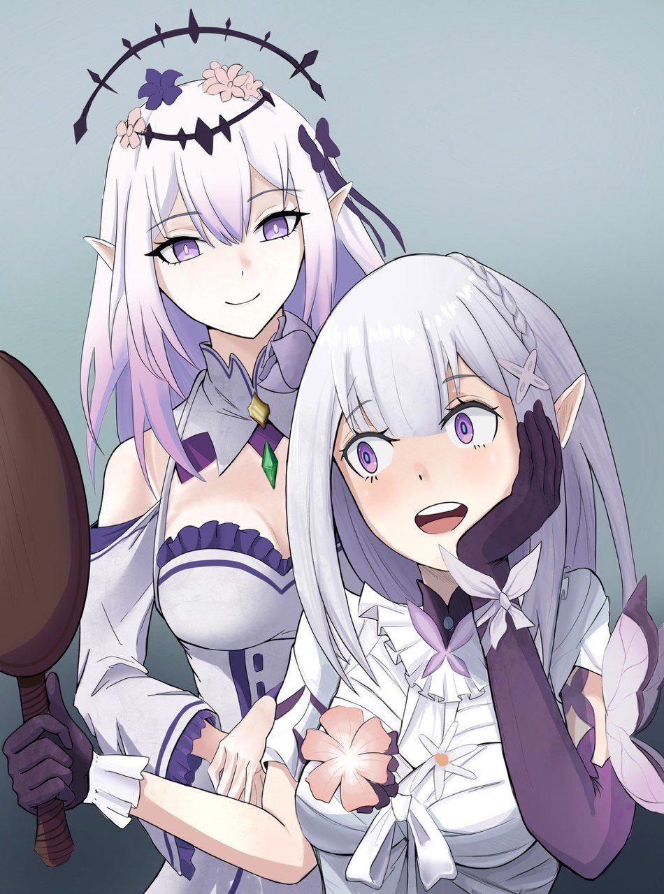 2girls :d bare_shoulders black_tiara castorice_(honkai:_star_rail) closed_mouth color_connection crossover devoskare double-parted_bangs dress elf emilia_(re:zero) flower hair_flower hair_ornament highres holding holding_mirror honkai:_star_rail honkai_(series) long_hair look-alike mirror multiple_girls open_mouth parted_lips pointy_ears purple_eyes purple_hair re:zero_kara_hajimeru_isekai_seikatsu smile tiara white_dress