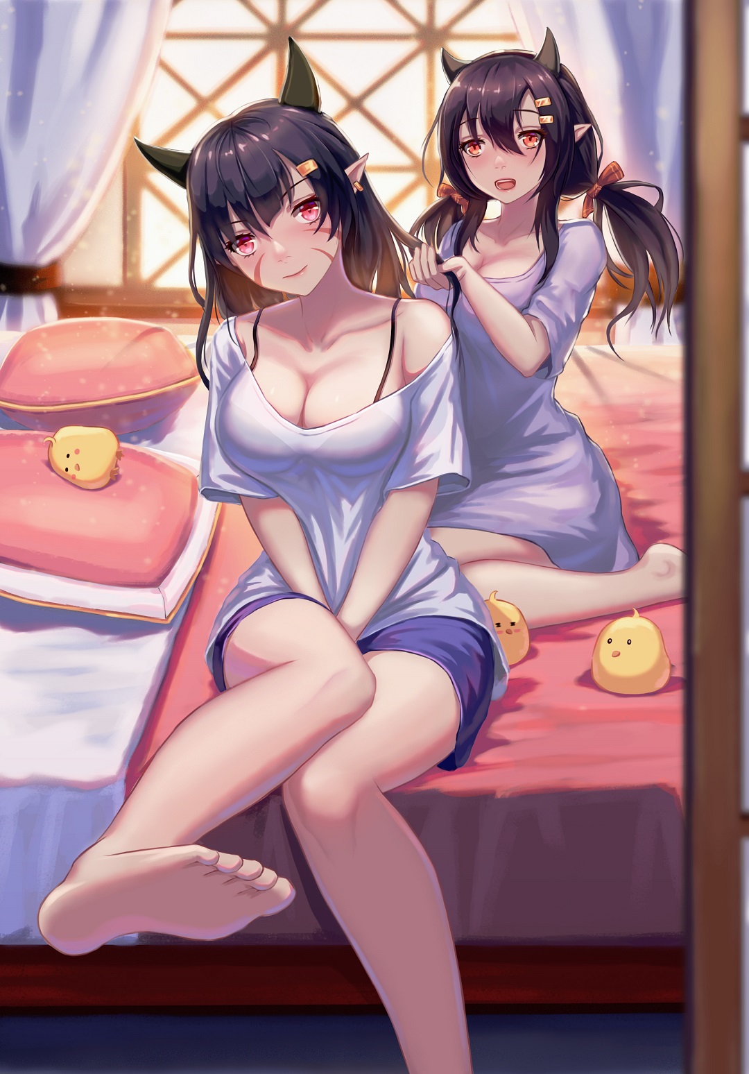 2girls abukuma_(azur_lane) adjusting_another's_hair alternate_costume animal_ears azur_lane barefoot black_bra black_hair blush bra breasts brown_eyes cleavage collarbone commentary_request curtains feet hair_ornament hairclip highres indoors large_breasts long_hair looking_at_viewer multiple_girls nagara_(azur_lane) on_bed open_mouth shirt short_sleeves smile toes twintails underwear white_shirt you_ni_ge_shaobing