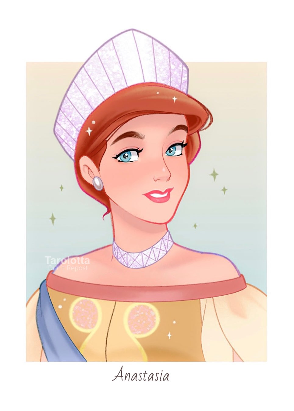 1girl anastasia_(1997) anya_(anastasia) artist_name blue_eyes brown_hair character_name commentary_request crown dress highres jewelry looking_at_viewer necklace off-shoulder_dress off_shoulder pink_lips portrait profile smile solo sparkle tarolotta watermark