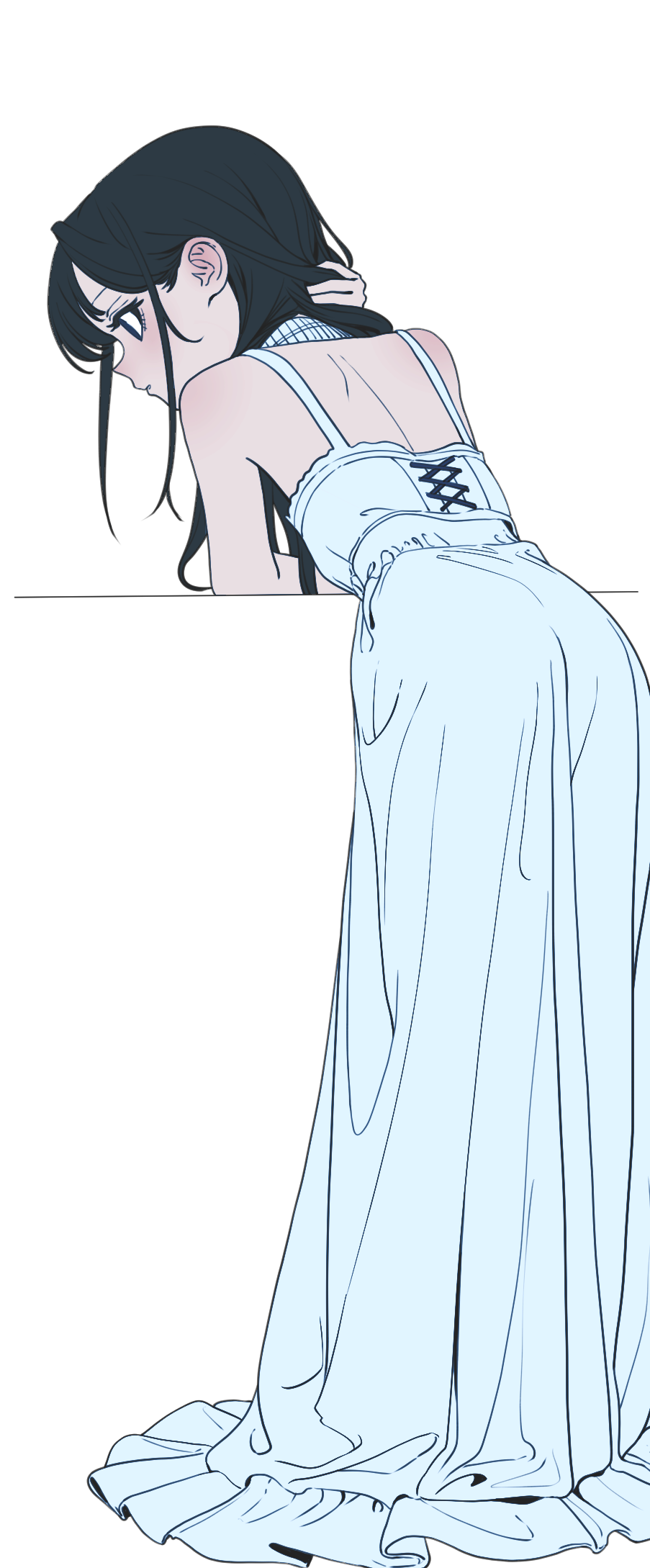 1girl adjusting_hair back black_eyes black_hair dress from_behind full_body highres kingrun leaning_forward long_hair looking_to_the_side original profile solo white_dress