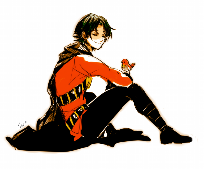 1boy bandoliers batman_(series) belt bird black_hair boots cape dc_comics closed_eyes male_focus red_robin robin_(bird) simple_background sitting smile tim_drake white_background