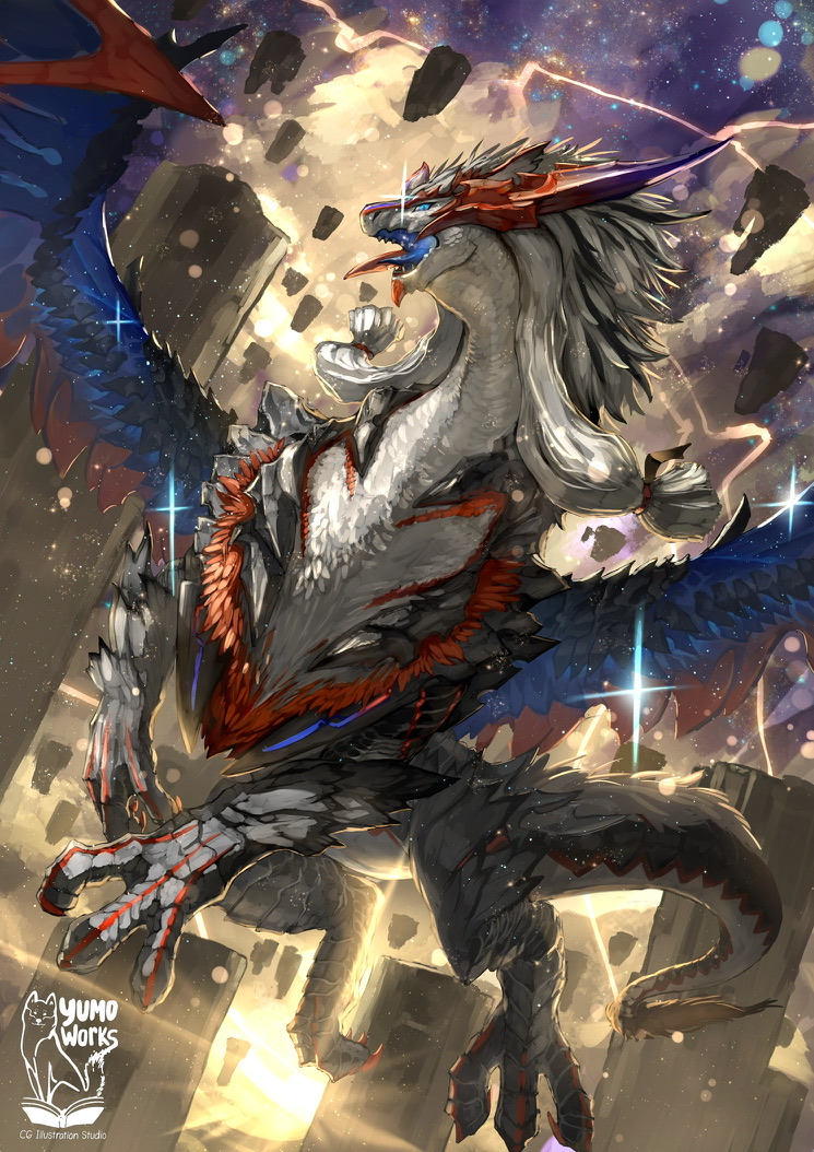 blue_eyes claws commission dragon dragon_tail dragon_wings flying looking_at_viewer multicolored_fur open_mouth original red_fur skeb_commission solo sparkle sunlight tail white_fur wings yumo80295386