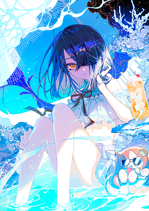 1girl bare_legs bikini bikini_skirt black_hair blue_background closed_mouth colored_inner_hair coral crossed_bangs elbow_rest endo_(takolegs) expressionless fate/grand_order fate_(series) feet_out_of_frame floating_hair game_cg hair_over_one_eye halterneck hand_in_own_hair hand_on_own_leg hand_up high_collar knees_up lady_yu_doll looking_at_viewer multicolored_hair off-shoulder_bikini off_shoulder official_art one_eye_covered orange_eyes partially_submerged short_hair sitting solo swimsuit third-party_source tropical_drink water xu_fu_(fate) xu_fu_(swimsuit_avenger)_(second_ascension)_(fate)