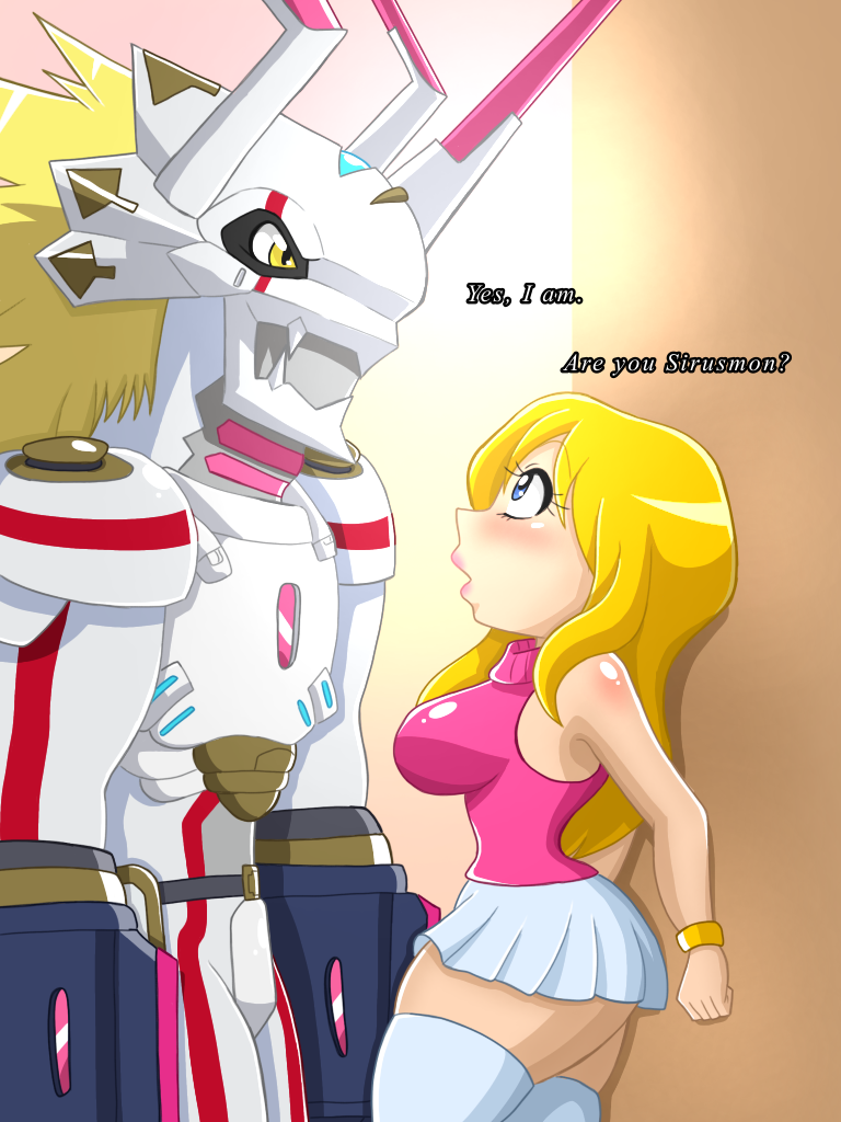 1boy 1girl blonde_hair breasts digimon digimon_(creature) digimon_ghost_game dragon_boy long_hair looking_at_another siriusmon skirt