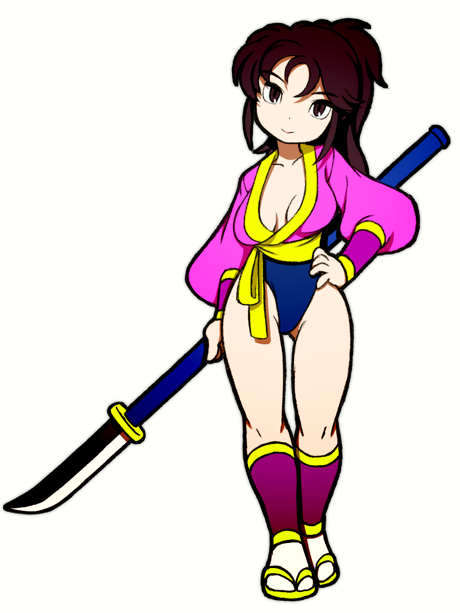1girl beeru_(veil8801) breasts brown_eyes brown_hair cleavage closed_mouth collarbone hand_on_own_hip head_tilt highres holding holding_polearm holding_weapon medium_breasts mystic_warriors:_ikari_no_ninja naginata polearm ponytail sandals simple_background smile socks solo tabi weapon white_background white_socks yuri_(mystic_warriors:_ikari_no_ninja) zouri