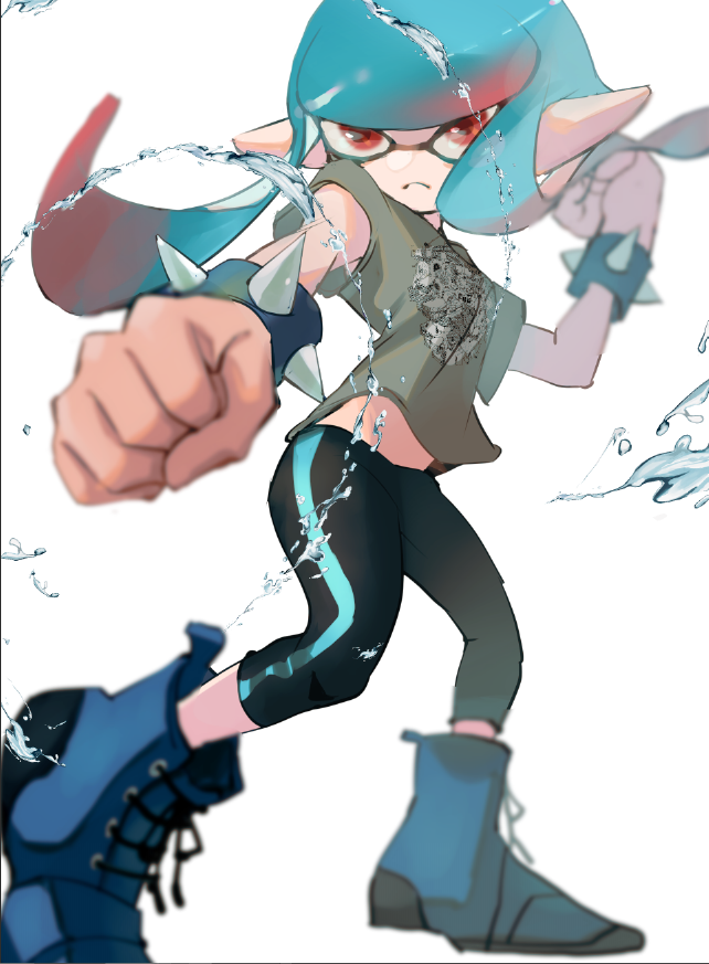 1girl band_shirt black_leggings blue_boots blue_hair blunt_bangs boots bracelet clenched_hands closed_mouth floating_hair frown gradient_hair grey_shirt hand_up inkling jewelry koike3582 leggings light_blue_hair long_hair merchandise multicolored_hair nintendo omega-chan_(splatoon) pointy_ears red_eyes red_hair shirt short_sleeves simple_background single_vertical_stripe solo spiked_bracelet spikes splatoon_(manga) splatoon_(series) t-shirt tentacle_hair two-tone_hair white_background