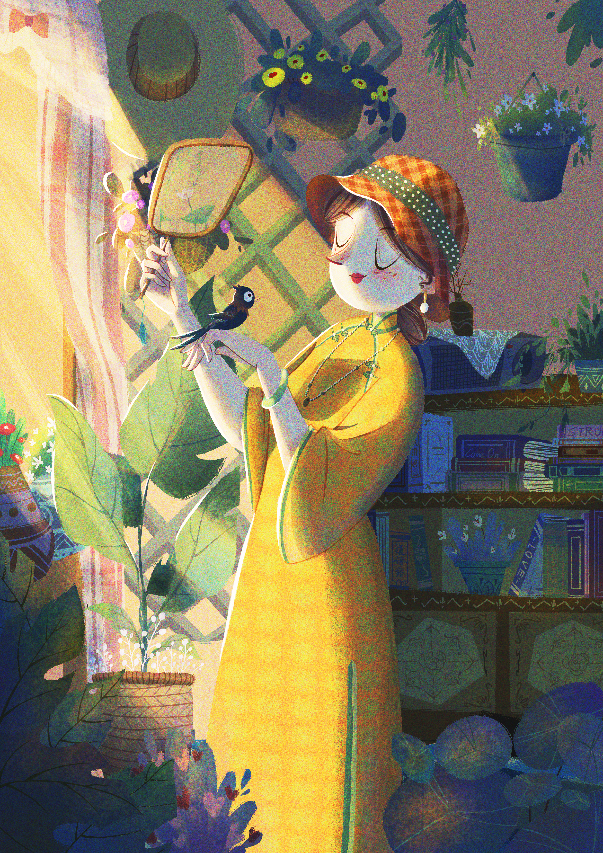 1girl absurdres anfumeng basket bird bird_on_hand black_feathers book book_stack bow bracelet brown_hair china_dress chinese_clothes chinese_commentary closed_eyes closed_mouth collared_dress commentary_request curtains dappled_sunlight dress earrings feathers floating_earrings flower freckles green_ribbon green_trim hand_mirror hanging_flower hanging_plant hat hat_ribbon heart highres holding holding_mirror indoors jewelry leaf lipstick long_sleeves low_ponytail makeup mirror orange_hat original pink_bow plaid_clothes plaid_curtains plaid_headwear plant pointy_nose polka_dot polka_dot_dress polka_dot_ribbon ponytail potted_plant red_lips ribbon shelf short_hair short_ponytail smile solo sun_hat sunlight three-quarter_sleeves vase white_flower wide_sleeves yellow_dress yellow_flower yellow_hat