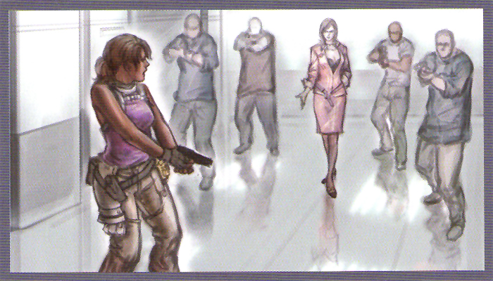 concept_art excella_gionne gun high_heels official_art original_version resident_evil resident_evil_5 sheva_alomar sketch skirt standoff weapon