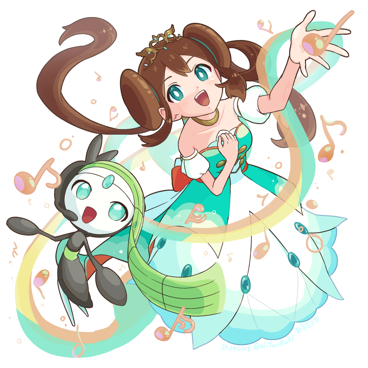 1girl :d arm_up arutarika_(ri_kaoekaki) bright_pupils brown_hair collarbone commentary_request dress floating_hair from_above gen_5_pokemon green_dress green_eyes hand_up legendary_pokemon long_hair looking_at_viewer meloetta meloetta_(aria) musical_note mythical_pokemon nintendo official_alternate_costume open_mouth pokemon pokemon_(creature) pokemon_masters_ex rosa_(champion)_(pokemon) rosa_(pokemon) smile strapless strapless_dress teeth tiara twintails upper_teeth_only white_background white_pupils