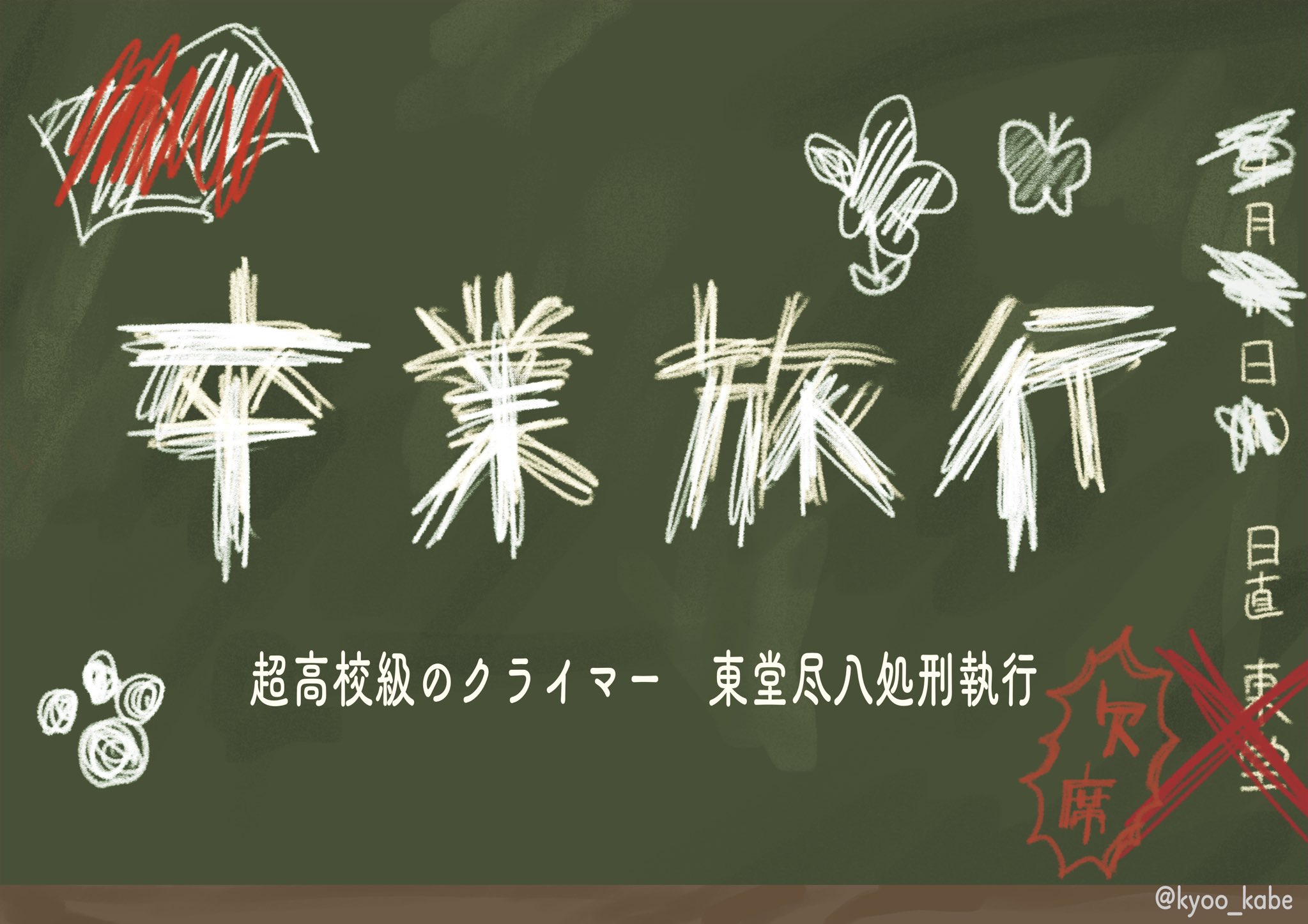 animal_print artist_name book_print butterfly_print chalkboard crossover danganronpa_(series) fake_screenshot gameplay_mechanics green_theme highres kyoo_kabe no_humans paw_print text_focus toudou_jinpachi translation_request yowamushi_pedal
