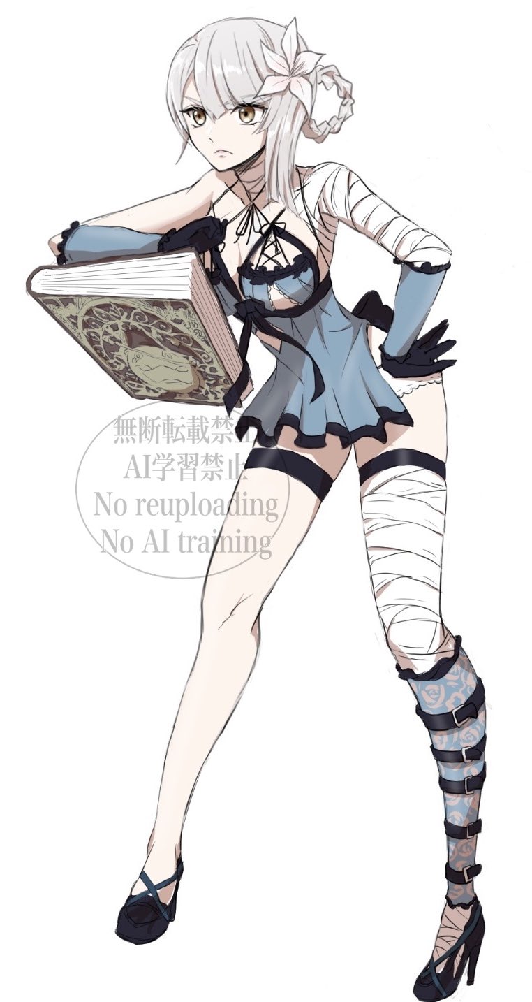 1girl asymmetrical_bangs bandaged_arm bandaged_leg bandaged_neck bandages black_gloves blunt_bangs blunt_ends book braid braided_hair_rings breasts esperance floating floating_book floating_object flower full_body gloves grey_hair grimoire_weiss hair_flower hair_ornament hair_rings hand_on_own_hip high_heels highres kaine_(nier) large_breasts leaning_forward lingerie long_hair looking_ahead negligee nier nier_(series) simple_background solo standing underwear watermark white_background white_flower yellow_eyes