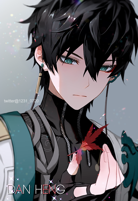 1boy artist_name black_gloves black_hair black_shirt character_name closed_mouth commentary_request crossed_bangs dan_heng_(honkai:_star_rail) dan_heng_(hunt)_(honkai:_star_rail) earclip eyeliner fingerless_gloves frown gloves green_eyes grey_background hair_between_eyes honkai:_star_rail honkai_(series) korean_commentary leaf looking_down makeup male_focus np_(1231_0720) red_eyeliner shirt short_hair simple_background solo split_mouth turtleneck twitter_username upper_body v-shaped_eyebrows zipper