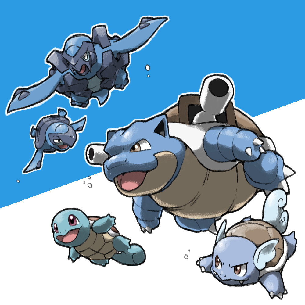 animal_focus blacknirrow blastoise brown_eyes bubble carracosta closed_mouth evolutionary_line fangs gen_1_pokemon gen_5_pokemon nintendo no_humans open_mouth outline outstretched_arms pokemon pokemon_(creature) pokemon_focus shoulder_cannon simple_background smile spread_arms squirtle swimming tirtouga turtle two-tone_background wartortle white_outline