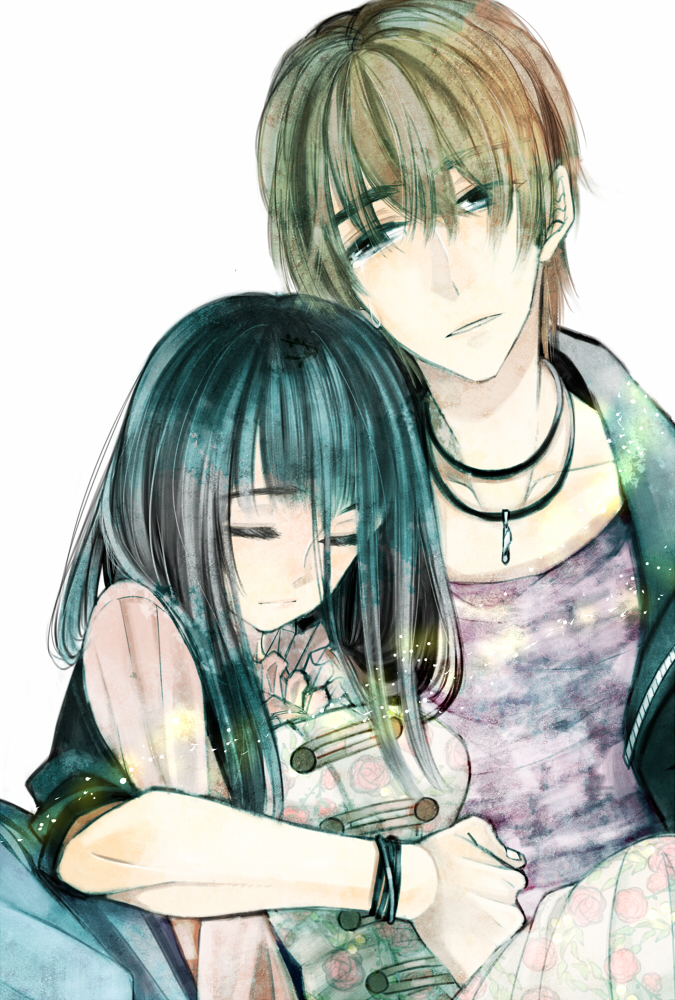 1boy 1girl bad_id bad_pixiv_id black_hair bracelet brown_hair closed_eyes grey_eyes jacket jewelry kamen_rider kamen_rider_wizard_(series) kazura_sakura koyomi_(kamen_rider_wizard) long_hair necklace souma_haruto upper_body