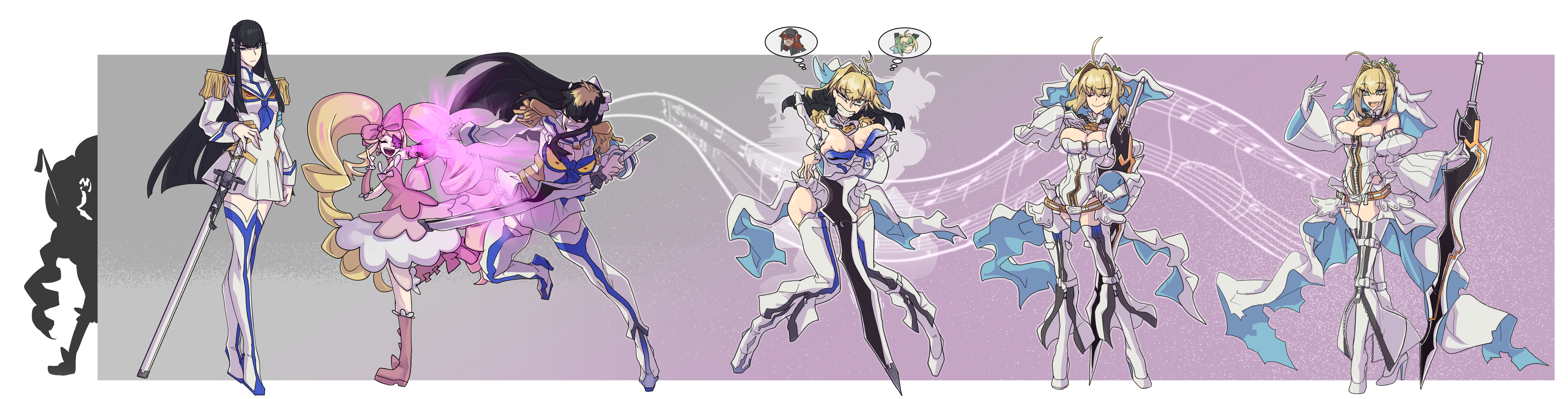 3girls absurdres blonde_hair blue_eyes boots bow breasts commentary detached_sleeves dress english_commentary fate/grand_order fate_(series) green_eyes hair_bow hair_intakes hand_on_own_chest harime_nui heterochromia highres holding holding_sword holding_weapon jacket kamuify kill_la_kill kiryuuin_satsuki large_breasts looking_to_the_side multiple_girls musical_note nero_claudius_(bride)_(fate) nero_claudius_(bride)_(second_ascension)_(fate) official_alternate_costume one_eye_covered open_mouth pink_boots pink_bow pink_dress senketsu sequential skirt speech_bubble sword thigh_boots thought_bubble transformation twintails veil weapon white_footwear white_jacket white_skirt white_veil wide-eyed