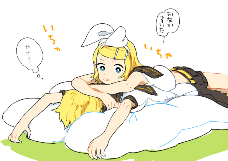 1boy 1girl black_shorts blonde_hair blue_eyes bright_pupils hair_ornament hairband hairclip kagamine_len kagamine_rin lying_on_another midriff mitosa parted_lips pillow shirt short_hair shorts speech_bubble thought_bubble vocaloid white_hairband white_pupils white_shirt