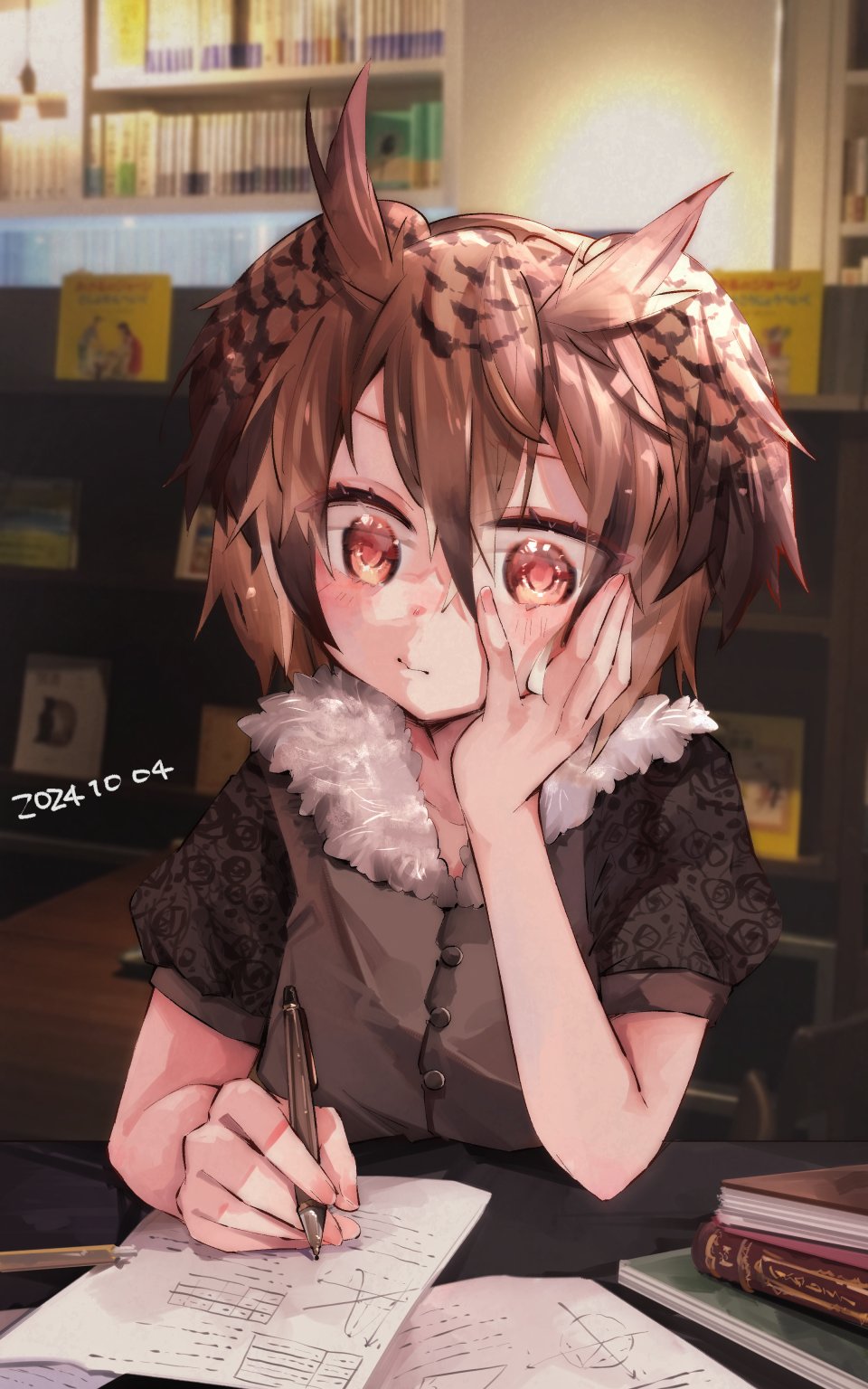 1girl alternate_costume bird_girl bird_wings black_hair book brown_hair brown_shirt casual dated eurasian_eagle_owl_(kemono_friends) fur_trim hair_between_eyes head_on_hand head_wings highres kemono_friends multicolored_hair nanana_(nanana_iz) orange_eyes owl_ears owl_girl paper pen puffy_short_sleeves puffy_sleeves shirt short_hair short_sleeves sidelocks sitting solo white_fur wings