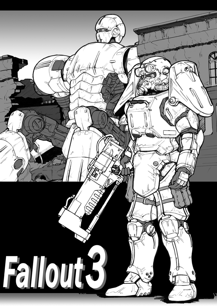 ambiguous_gender arm_armor armor armored_boots boots building commentary_request copyright_name energy_gun energy_weapon fallout fallout_3 full_armor full_body greyscale gun helmet holding holding_gun holding_weapon knee_pads laser_rifle liberty_prime mecha monochrome outdoors power_armor rifle robot shoulder_armor standing takimoyo_(soushokujuu) weapon window