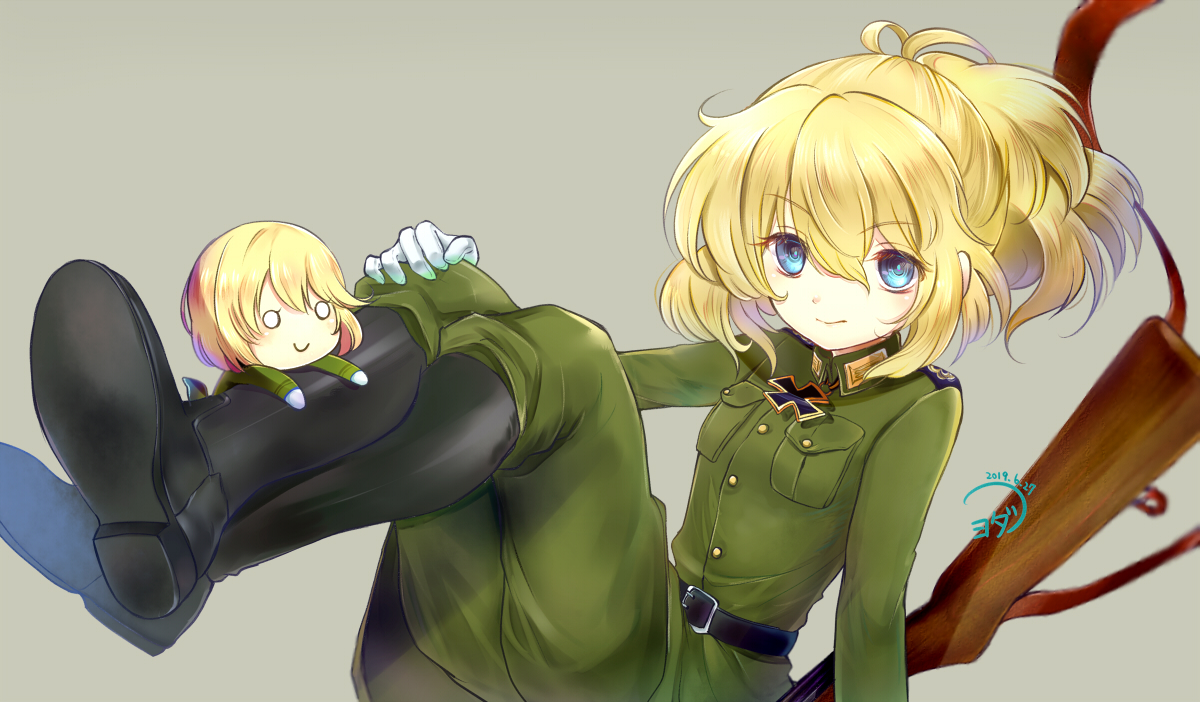 2girls belt black_belt black_footwear blonde_hair boots buttons cross crossed_ankles dated green_belt green_shirt grey_background gun hair_between_eyes iron_cross military_uniform mini_person minigirl multiple_girls pocket ponytail rifle shirt signature sitting smile tanya_degurechaff viktoriya_ivanovna_serebryakov weapon youda_(seravichacha) youjo_senki
