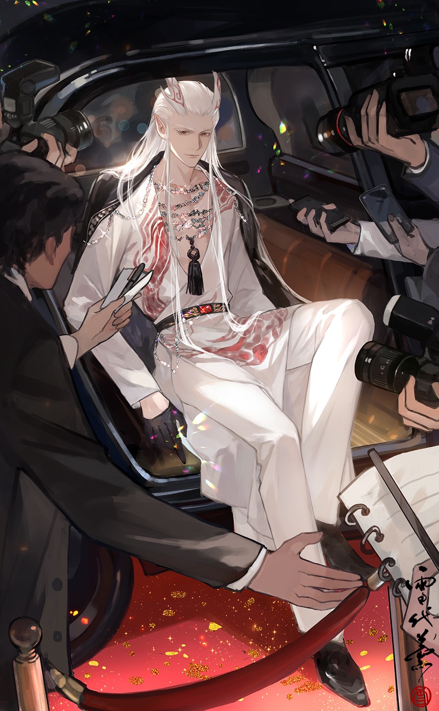 1boy ao_guang_(nezha_zhi_motong_jiangshi) belt black_belt black_cape black_gloves black_shoes black_suit bodyguard camera cape car car_interior chinese_commentary closed_mouth collarbone confetti contemporary dragon_boy dragon_horns eastern_dragon_horns formal_clothes full_body gem glint gloves hair_slicked_back half_gloves highres holding holding_camera holding_notebook holding_paper holding_pen holding_phone horns lens_flare light_smile long_hair long_sleeves looking_at_viewer male_focus motor_vehicle multiple_necklaces neck_tassel nezha_zhi_motong_jiangshi notebook out_of_frame outstretched_arm pants paparazzi paper pelvic_curtain pen people phone pointy_ears print_robe red_carpet red_eyes red_gemstone robe seal_impression shoes sidelocks sideways_glance sitting solo_focus stanchion suit taking_picture very_long_hair white_hair white_pants white_robe xuedaixun
