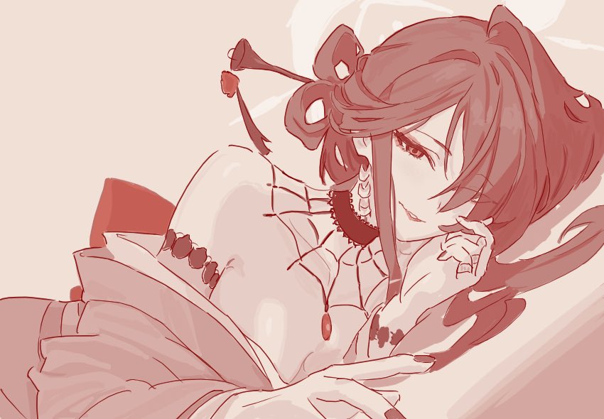 1girl bare_shoulders blue_archive breasts choker cleavage fight_yoghurt fingernails japanese_clothes kimono kokuriko_(blue_archive) looking_at_viewer lying medium_breasts medium_hair monochrome nail_polish on_side parted_lips sepia smile solo
