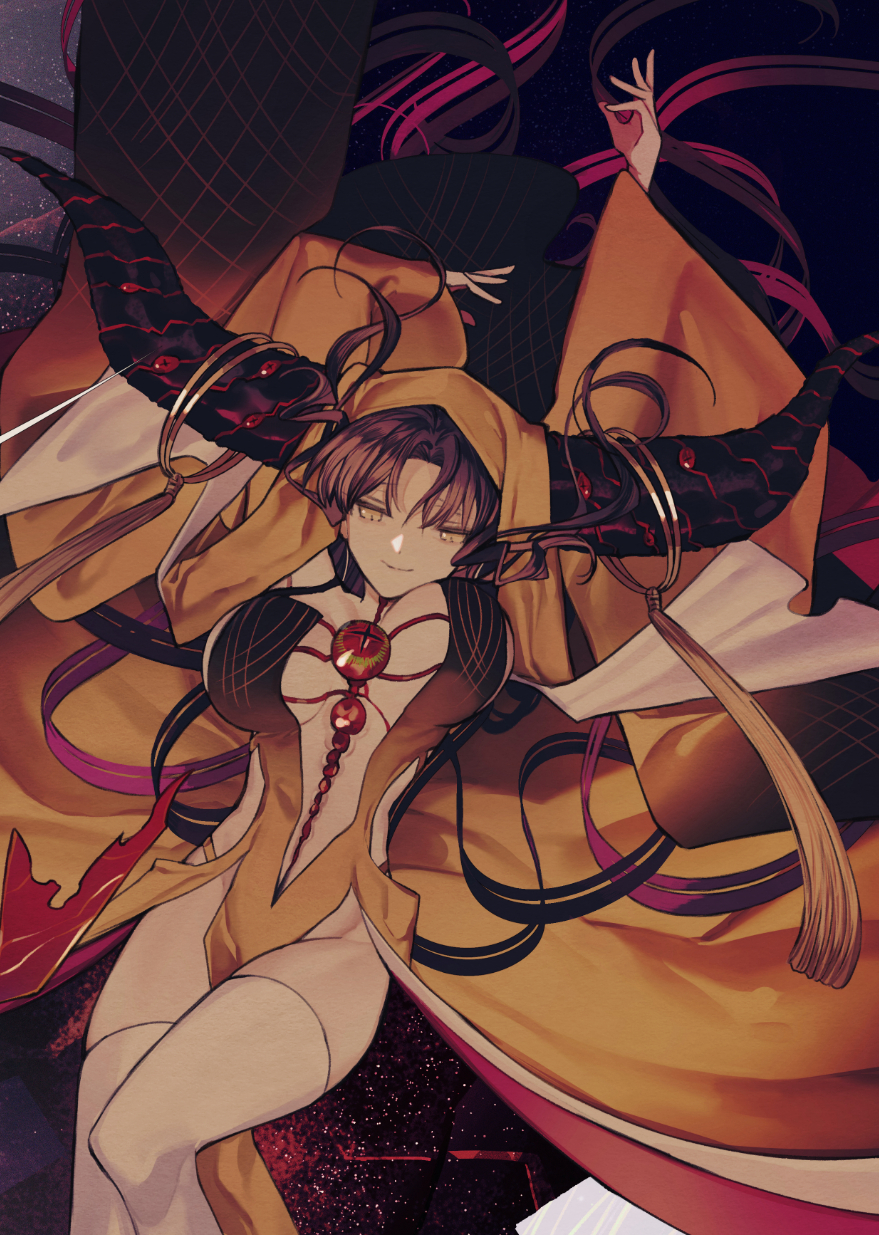 +_+ 1girl albino_(a1b1n0623) armpits arms_up bare_hips bare_shoulders between_breasts black_hair black_horns breasts center_opening cleavage clothing_cutout collarbone commentary_request cowboy_shot dark_background demon demon_girl demon_horns detached_sleeves dress evil_smile extra_eyes eyeball facial_mark fate/grand_order fate_(series) floating_hair forehead_mark forehead_tattoo groin highres horn_ornament horn_ring horns huge_horns knee_up large_breasts loincloth long_hair long_horns long_sleeves looking_down looking_up multicolored_eyes multicolored_hair multicolored_horns navel open_clothes open_dress parted_bangs pelvic_curtain pink_hair pink_sleeves red_eyes revealing_clothes sessyoin_kiara sessyoin_kiara_(beast_iii/r) side_cutout sideboob sidelocks smile solo spaghetti_strap spiral_horn symbol-shaped_pupils tassel thighhighs thighs third_eye two-tone_dress two-tone_eyes two-tone_horns unaligned_breasts underboob veil veins very_long_hair wavy_hair white_thighhighs wide_sleeves yellow_dress yellow_eyes yellow_sleeves yellow_veil