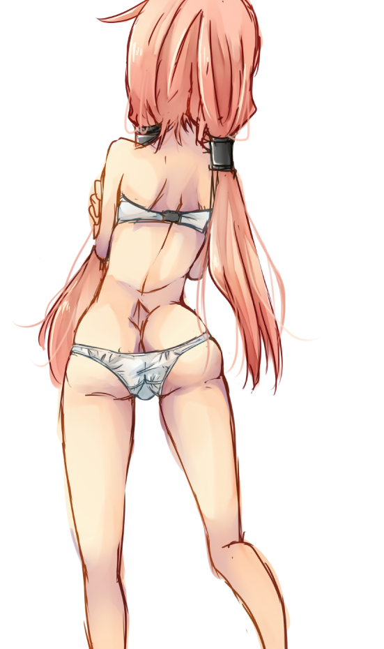 1girl alchemist_(ragnarok_online) ass back bra commentary_request feet_out_of_frame from_behind hair_tubes low_twintails meiko_(nattu303) panties pink_hair ragnarok_online simple_background solo standing twintails underwear white_background white_bra white_panties