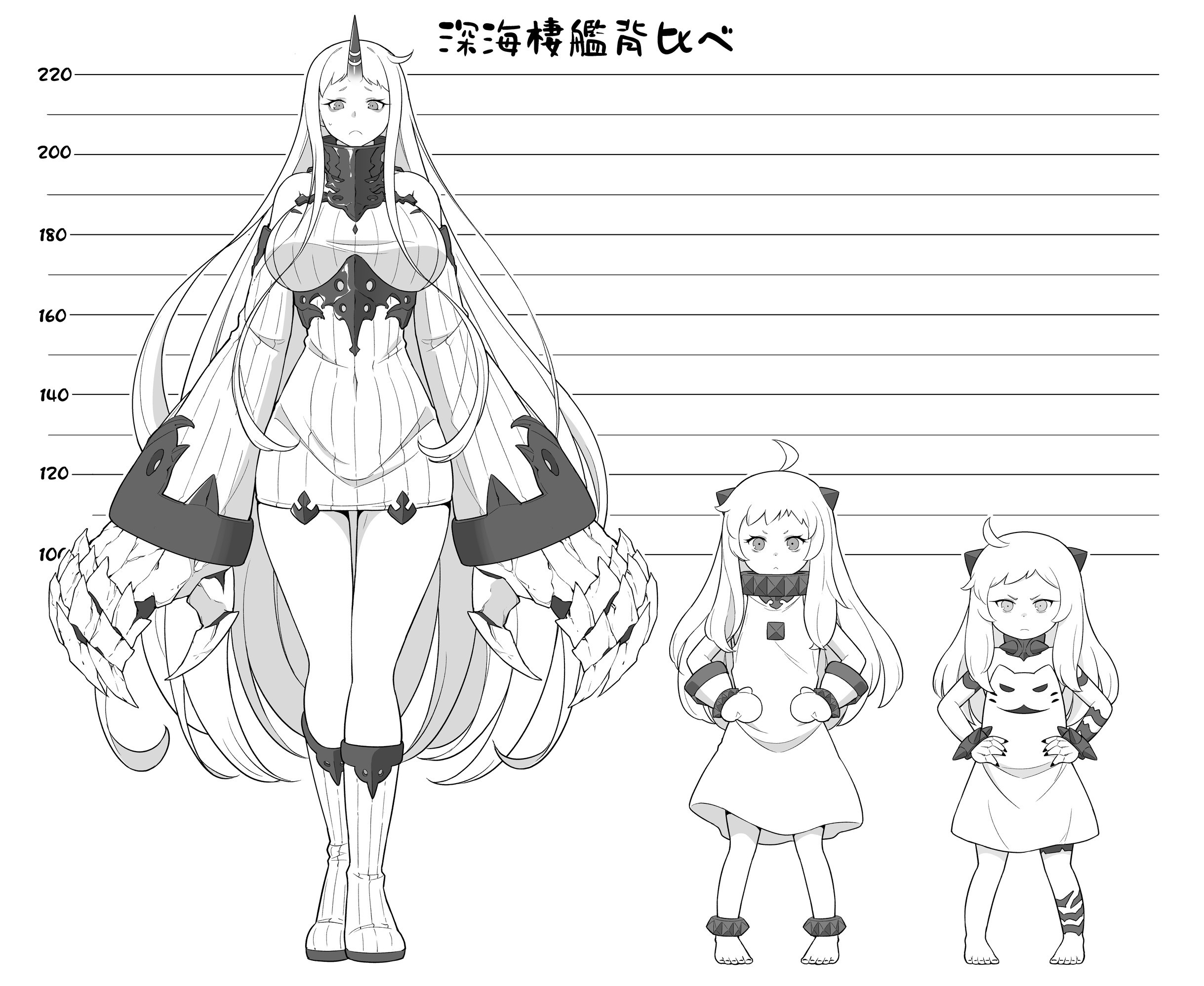 3girls abyssal_ship bare_shoulders barefoot boots breasts commentary_request detached_sleeves dress greyscale hands_on_own_hips height_chart highres horns kantai_collection large_breasts long_hair long_sleeves mittens monochrome multiple_girls northern_little_sister northern_ocean_princess seaport_princess simple_background single_horn sleeveless sleeveless_dress standing tenshin_amaguri_(inobeeto) translation_request very_long_hair white_background wide_sleeves