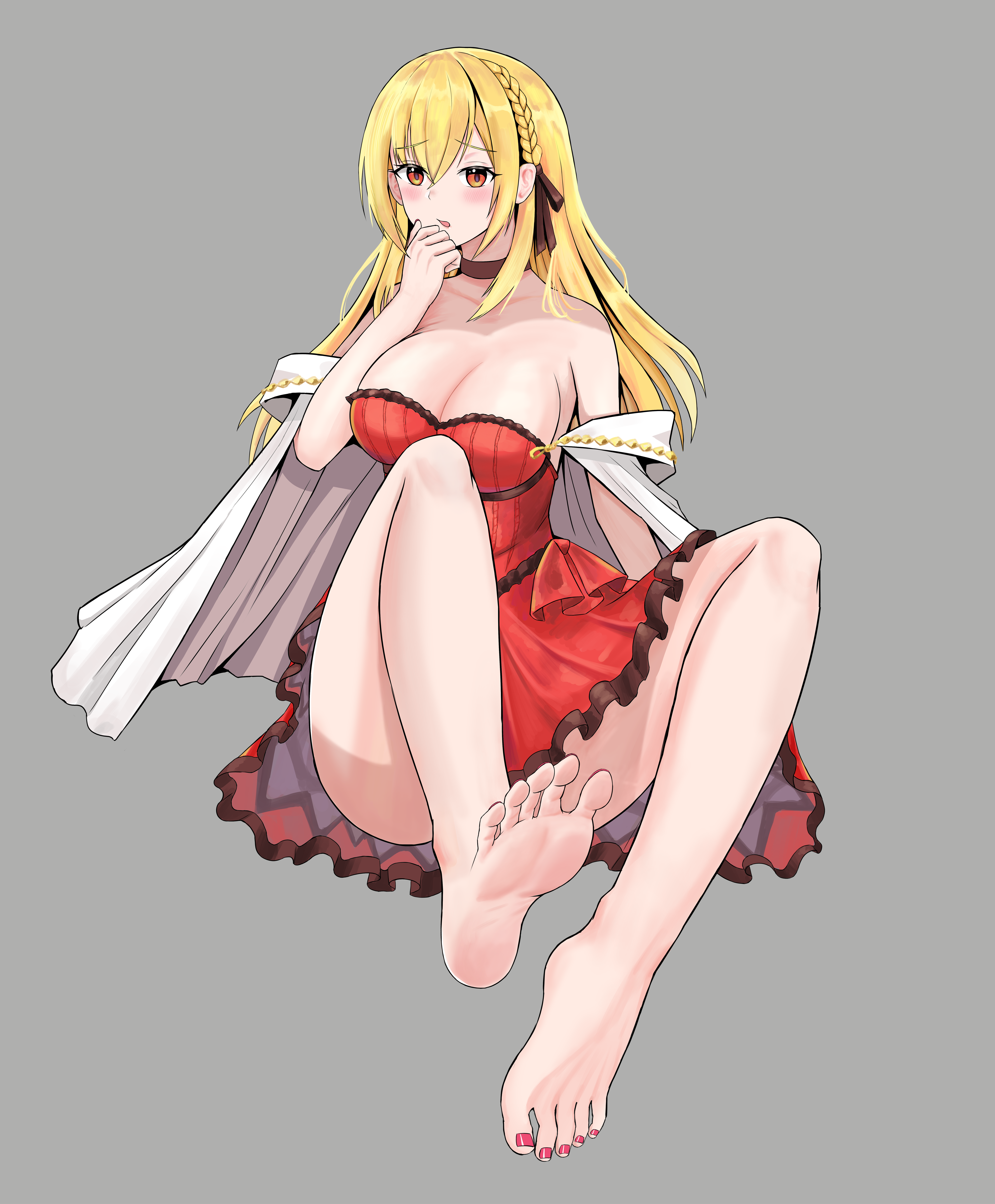 1girl absurdres azur_lane barefoot blonde_hair blush breasts cleavage dress feet highres king_george_v_(azur_lane) ladsdjadds long_hair looking_at_viewer parted_lips red_eyes soles toes