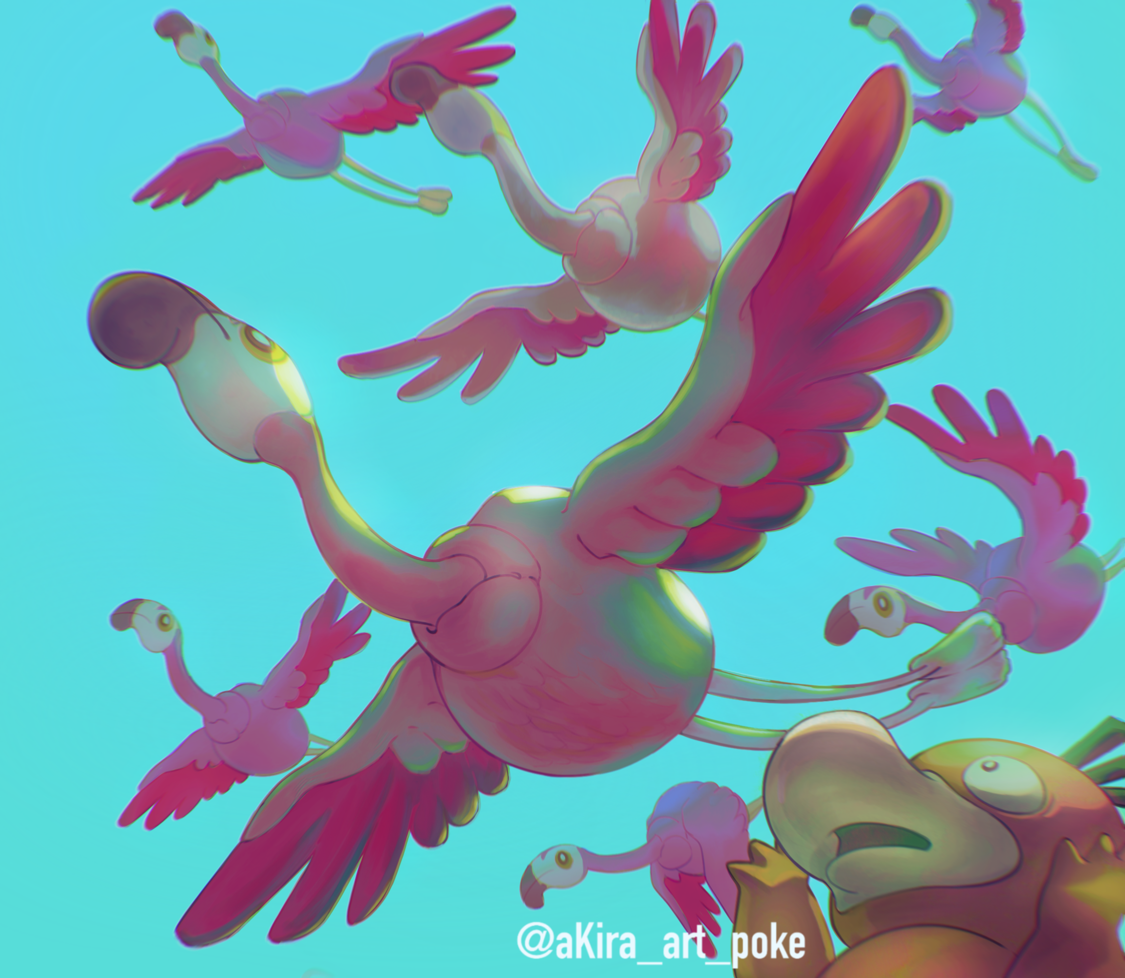 akira_(akira_art_poke) animal_focus bird black_eyes blue_background bright_pupils chromatic_aberration closed_mouth colored_sclera flamigo flock flying gen_1_pokemon highres looking_up nintendo no_humans open_mouth pokemon pokemon_(creature) psyduck simple_background twitter_username white_pupils yellow_sclera