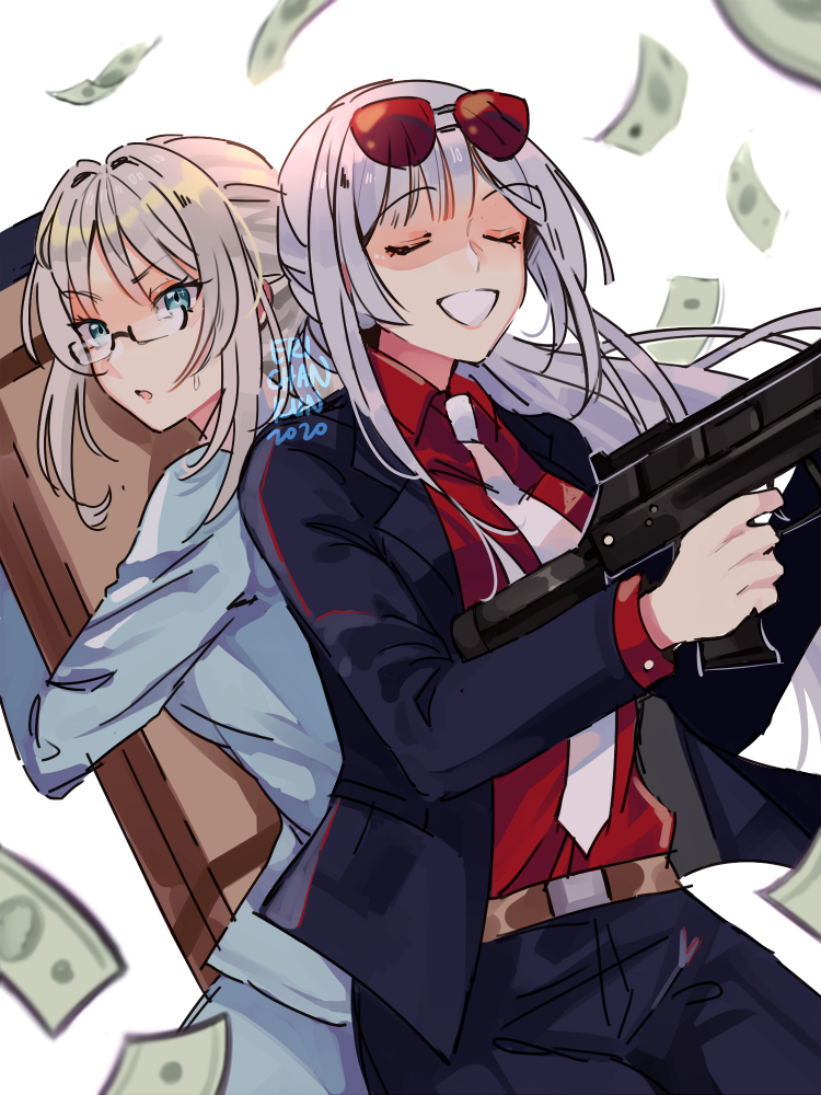 2girls :o ak-12_(girls&#039;_frontline) an-94_(girls&#039;_frontline) aqua_eyes banknote belt black_jacket black_pants blonde_hair brown_belt closed_eyes coll_(erichankun) collared_shirt dated eyelashes eyewear_on_head formal_clothes girls&#039;_frontline grey_hair gun holding holding_gun holding_weapon jacket long_hair money multiple_girls necktie open_clothes open_jacket open_mouth pants red-tinted_eyewear red_shirt shirt simple_background smile suit sweatdrop tinted_eyewear weapon white_background white_necktie