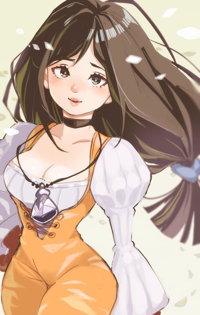 1girl black_choker blunt_ends bodysuit breasts brown_eyes brown_hair choker cleavage collarbone cowboy_shot crystal falling_petals final_fantasy final_fantasy_ix garnet_til_alexandros_xvii gloves hand_on_own_hip jewelry juliet_sleeves kuwango long_hair long_sleeves looking_at_viewer low-tied_long_hair medium_breasts orange_bodysuit pendant petals puffy_sleeves red_gloves shirt solo underbust white_shirt yellow_background