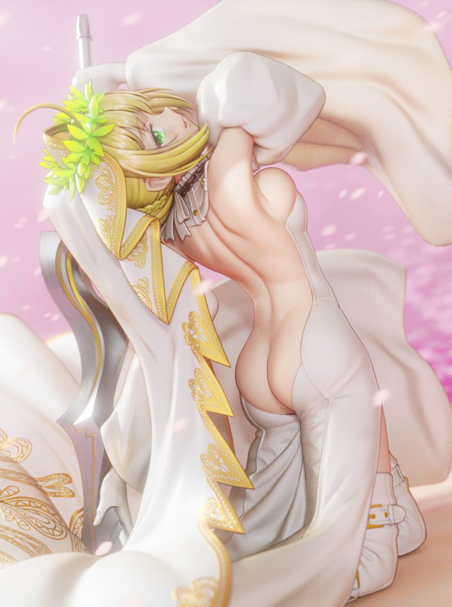 1girl 3d ahoge arm_up ass backless_dress backless_outfit bare_back bare_shoulders belt blender_(medium) blonde_hair blush bodysuit braid breasts bridal_veil butt_crack chain derivative_work detached_sleeves dress dutch_angle fate/extra fate/extra_ccc fate_(series) female_focus from_behind gloves green_eyes hair_bun head_tilt highres holding holding_sword holding_weapon huge_weapon kazuma_muramasa kneeling laurel_crown looking_at_viewer looking_back medium_breasts nero_claudius_(bride)_(fate) nero_claudius_(bride)_(third_ascension)_(fate) nero_claudius_(fate) no_bra no_panties parted_lips petals shiny_skin short_hair shoulder_blades single_hair_bun skindentation solo sword thigh_strap thighhighs ucupumar veil weapon white_gloves white_sleeves white_thighhighs wide_sleeves