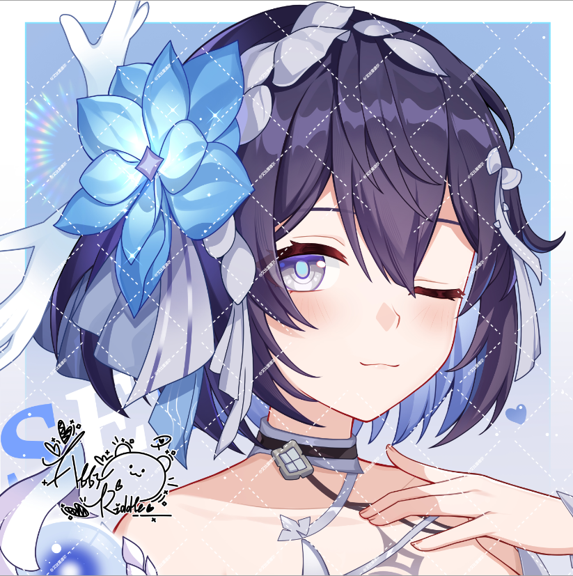1girl abby_riddle artist_logo blue_background blue_flower blue_hair blue_pupils body_markings border character_name chinese_commentary closed_mouth colored_inner_hair commentary_request commission flower hair_flower hair_ornament hand_up heart honkai_(series) honkai_impact_3rd light_blush logo looking_at_viewer multicolored_hair one_eye_closed portrait purple_hair seele_vollerei seele_vollerei_(herrscher_of_rebirth) short_hair smirk solo white_border white_eyes
