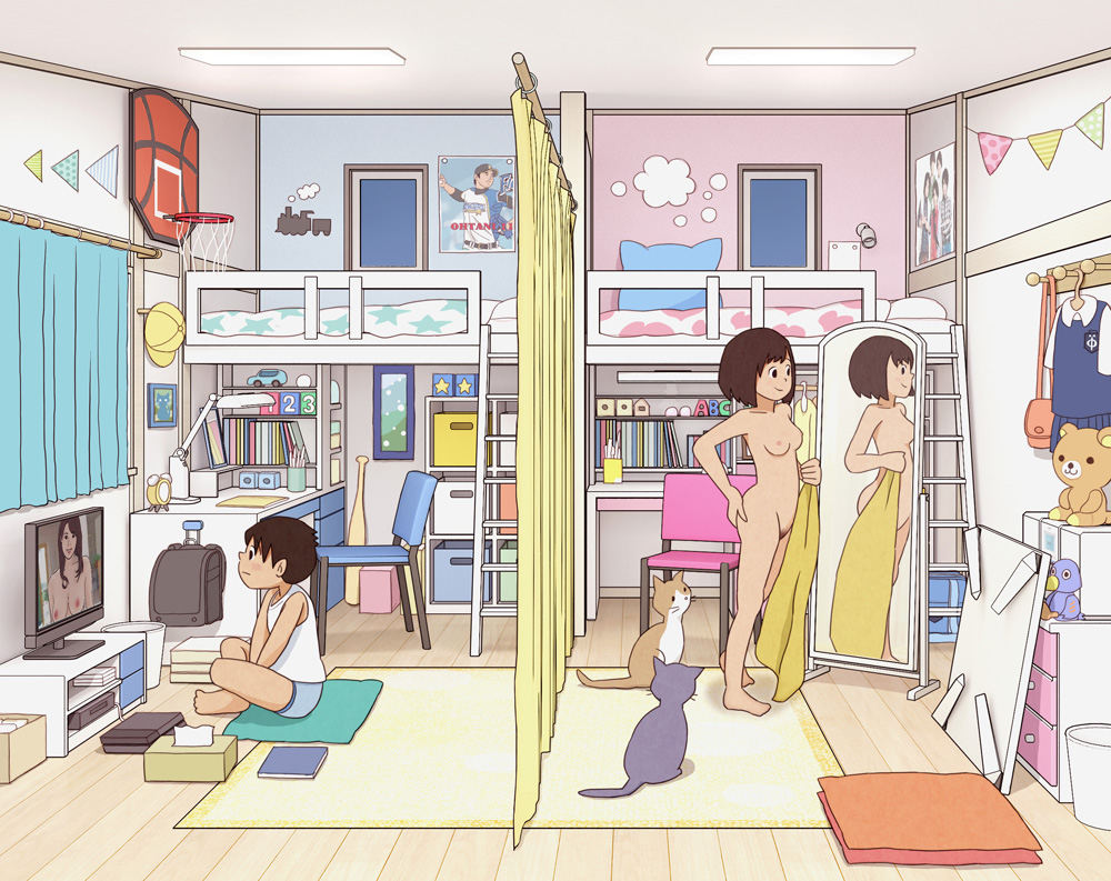 1boy 1girl absurdly_detailed_composition blue_male_underwear breasts brother_and_sister brown_hair carpet cat chabudai_(table) chair clothed_male_nude_female completely_nude curtains desk female_pubic_hair fixed-point_camera indoors kiyo_(kyokyo1220) korilakkuma loaded_interior loft_bed male_underwear mirror nipples nude on_floor ootani_shouhei original pornography poster_(object) pubic_hair reflection rilakkuma san-x shirt short_hair siblings sitting small_breasts smile stuffed_animal stuffed_toy table teddy_bear television time_lapse tissue_box towel underwear watching_television white_shirt window