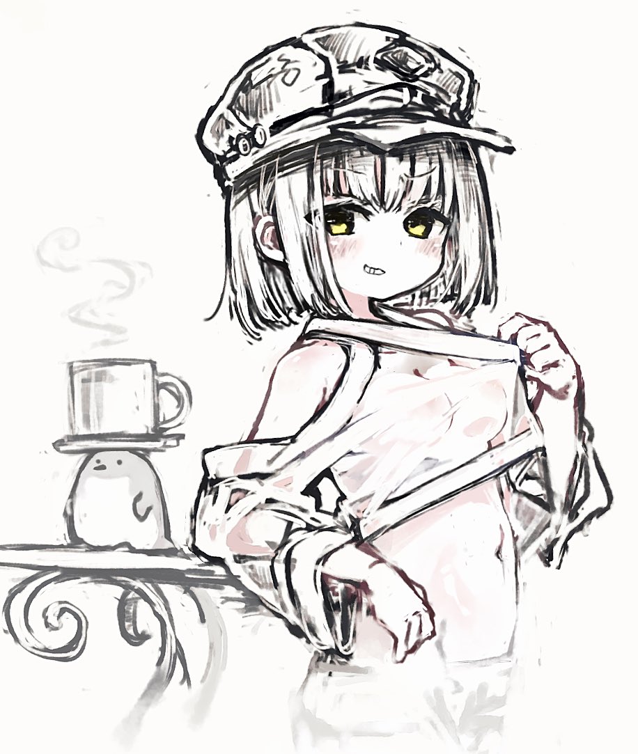 1girl baseball_cap bird breasts cleavage coffee_mug cowboy_shot cup goddess_of_victory:_nikke hat holding holding_shirt holding_unworn_clothes kureudon limited_palette looking_at_viewer medium_breasts milk_(nikke) mug navel no_bra pants see-through_clothes see-through_shirt shirt short_hair smile solo steam stomach teeth unworn_shirt yellow_eyes