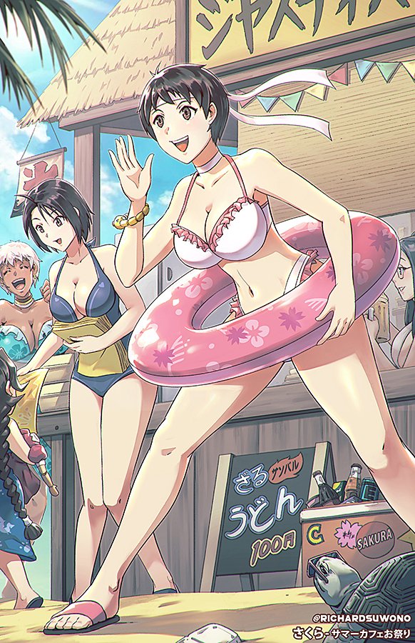 5girls anita_(darkstalkers) bikini black_hair braid breasts capcom cleavage dark-skinned_female dark_skin elena_(street_fighter) feet flip-flops floral_print flyer frilled_bikini frills innertube jewelry justice_gakuen kasugano_sakura kazama_akira large_breasts medium_breasts minazuki_kyouko multiple_girls neck_ring open_mouth richard_suwono sandals short_hair smile standing street_fighter street_fighter_iii_(series) street_fighter_zero_(series) swim_ring swimsuit turtle darkstalkers white_hair