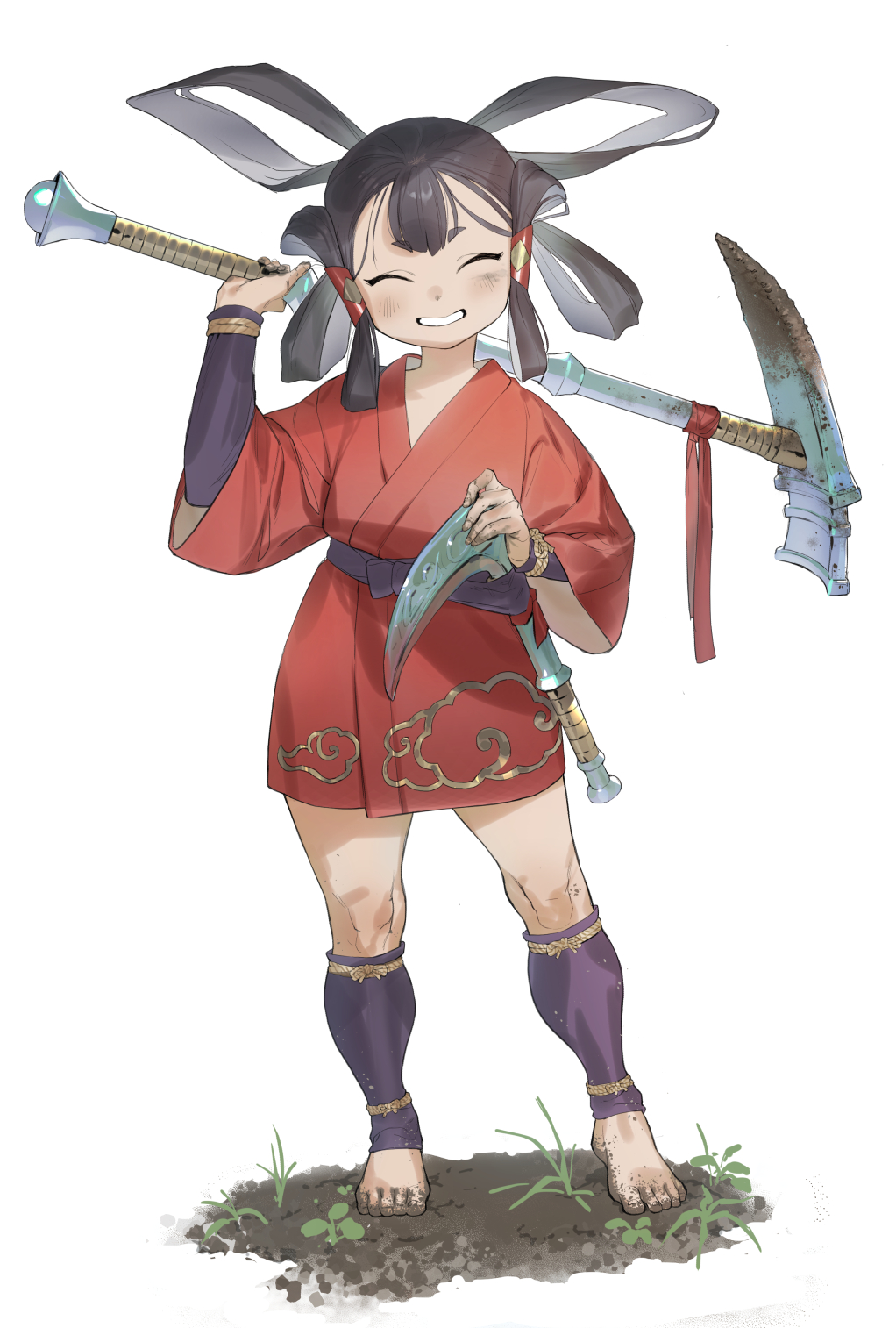 1girl barefoot closed_eyes dirt dirty dirty_feet dirty_hands feet grin hair_rings highres hoe japanese_clothes kimono long_hair red_kimono sakuna-hime sickle smile soosaresu tensui_no_sakuna-hime white_background