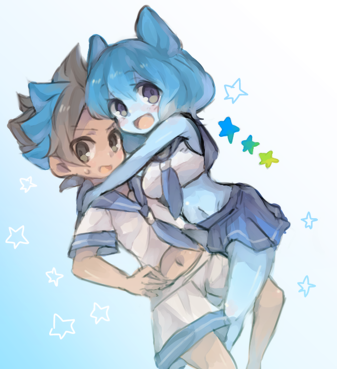 10s 1boy 1girl bad_id bad_pixiv_id blue_hair blue_skin blush breasts brown_eyes brown_hair colored_skin hetero hug inazuma_eleven_(series) inazuma_eleven_go inazuma_eleven_go_galaxy long_hair matatagi_hayato midriff multicolored_hair nankai navel open_mouth pleated_skirt powai_pichori purple_eyes sailor_collar sailor_wear skirt star_(symbol) sweat two-tone_hair white_hair