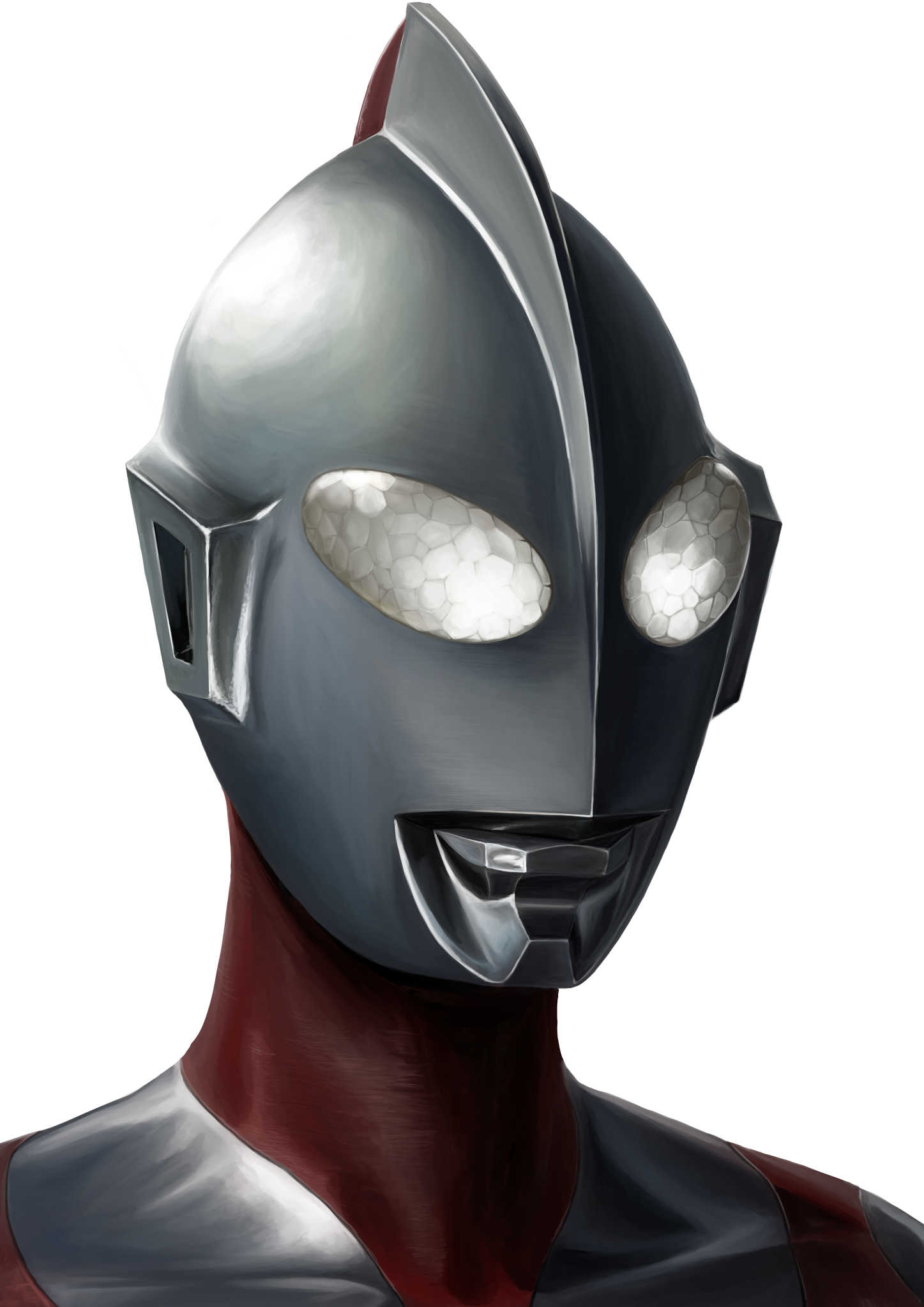 1boy alien collarbone colored_skin commentary compound_eyes dorsal_fin gattyo glowing glowing_eyes hashtag-only_commentary highres looking_ahead male_focus multicolored_skin portrait red_skin shin_ultraman silver_skin simple_background solo tokusatsu ultra_series ultraman ultraman_(shin) white_background white_eyes