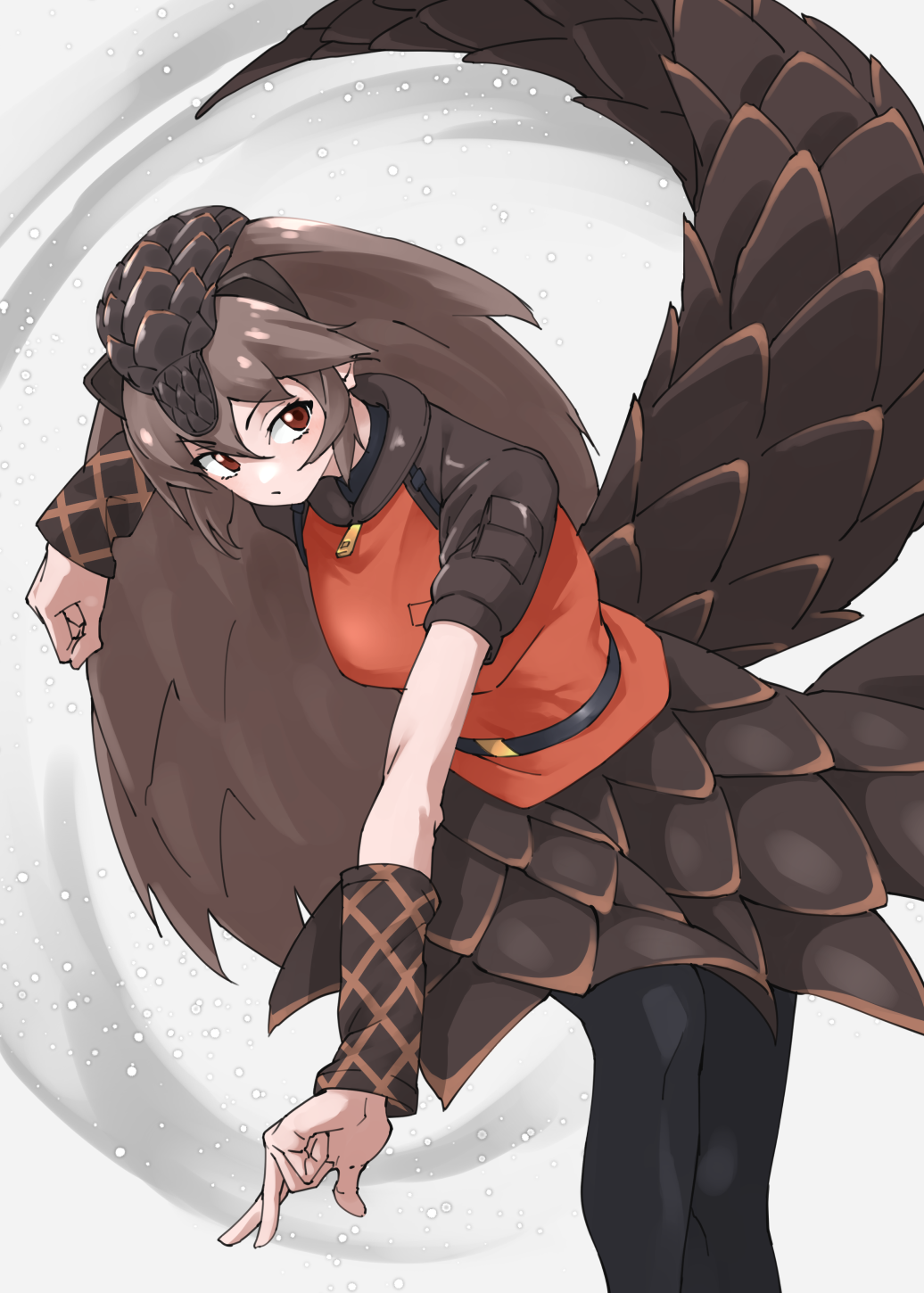 1girl black_pantyhose brown_eyes brown_hair brown_shirt brown_skirt brown_wrist_cuffs commentary hair_between_eyes highres kemono_friends long_hair orange_shirt pangolin_ears pangolin_tail pantyhose plaid_clothes plaid_wrist_cuffs scales shirt short_hair sidelocks skirt solo tanabe_(fueisei) temminck&#039;s_pangolin_(kemono_friends) two-tone_shirt wrist_cuffs zipper