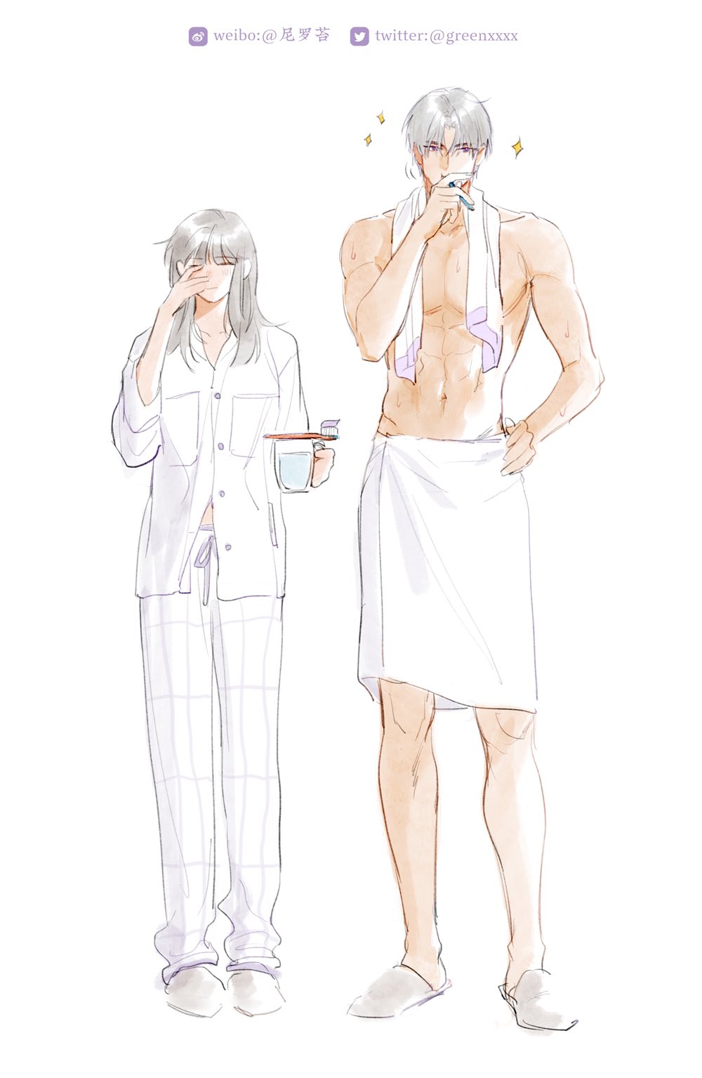 abs bare_arms bare_shoulders blush charlie_su closed_eyes closed_mouth cup full_body greenchou grey_hair highres holding holding_cup light_and_night_love long_sleeves looking_to_the_side navel pajamas parted_bangs pectorals protagonist_(light_and_night_love) short_hair slippers standing toothbrush towel towel_around_neck towel_around_waist twitter_logo twitter_username watermark weibo_watermark