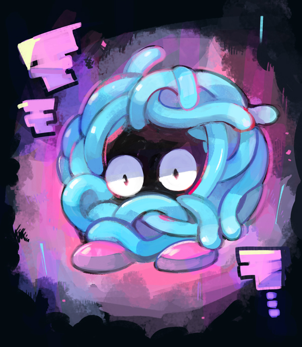 black_background black_eyes commentary_request creature gen_1_pokemon nintendo no_humans pink_background pink_shoes pokemon pokemon_(creature) shoes simple_background solo string tangela terada_tera translation_request two-tone_background vignetting wide-eyed