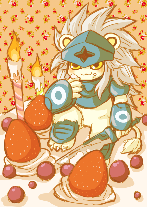 armor candmon digimon digimon_(creature) food fruit spadamon strawberry sword weapon yellow_eyes
