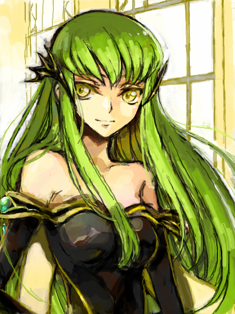 00s c.c. c_(rahit) code_geass dress green_hair long_hair rahit smile solo strapless strapless_dress yellow_eyes