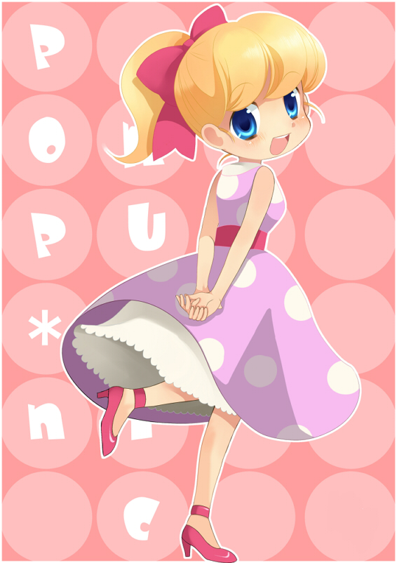 1girl ankle_strap arms_behind_back bare_arms bare_shoulders bemani blonde_hair blue_eyes blush bow copyright_name dress from_behind hair_bow high_heels high_ponytail jennifer_(pop&#039;n_music) neko_(natsuiroclassic) open_mouth polka_dot polka_dot_background polka_dot_dress ponytail pop&#039;n_music red_bow red_footwear sleeveless sleeveless_dress smile solo