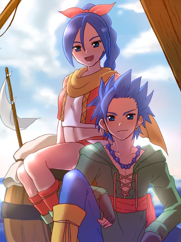 1boy 1girl barrel blue_eyes blue_hair braid braided_ponytail camus_(dq11) closed_mouth cloud dragon_quest dragon_quest_xi earrings fingerless_gloves gloves hair_ribbon jewelry long_hair looking_at_viewer maya_(dq11) necklace open_mouth red_vest ribbon scarf shorts single_braid smile syanathena vest