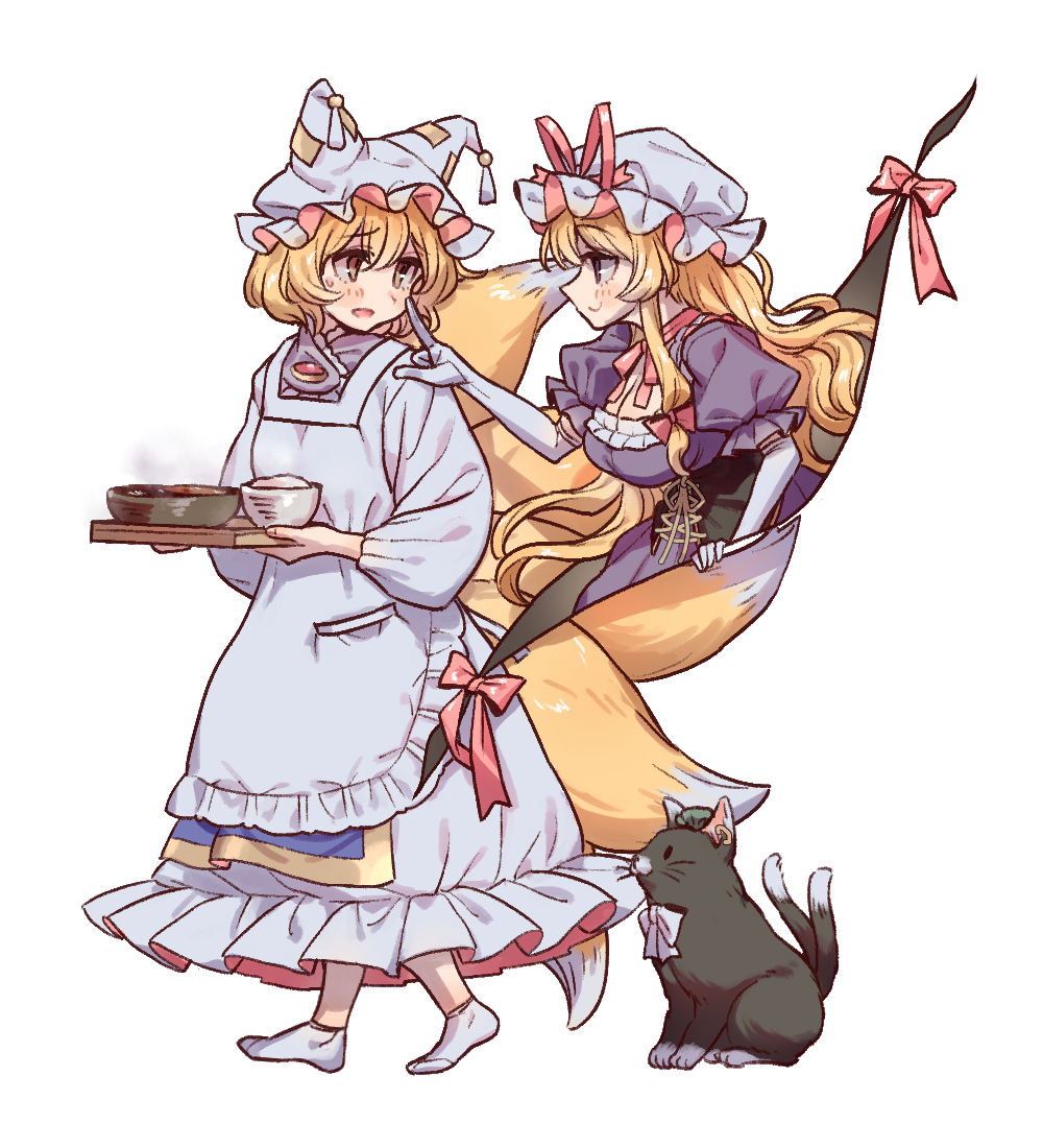 2girls apron black_cat black_corset blonde_hair blue_tabard bow bowl breasts cat chen chen_(cat) cleavage commentary_request corset dress elbow_gloves fox_tail full_body gap_(touhou) gloves green_hat hair_bow hat holding holding_tray large_breasts long_hair long_sleeves looking_at_another masanaga_(tsukasa) mob_cap multiple_girls multiple_tails puffy_short_sleeves puffy_sleeves purple_dress purple_eyes red_bow red_ribbon ribbon rice short_hair short_sleeves simple_background socks tabard tail touhou tray two_tails very_long_hair white_apron white_background white_bow white_dress white_gloves white_hat white_socks yakumo_ran yakumo_yukari yellow_eyes
